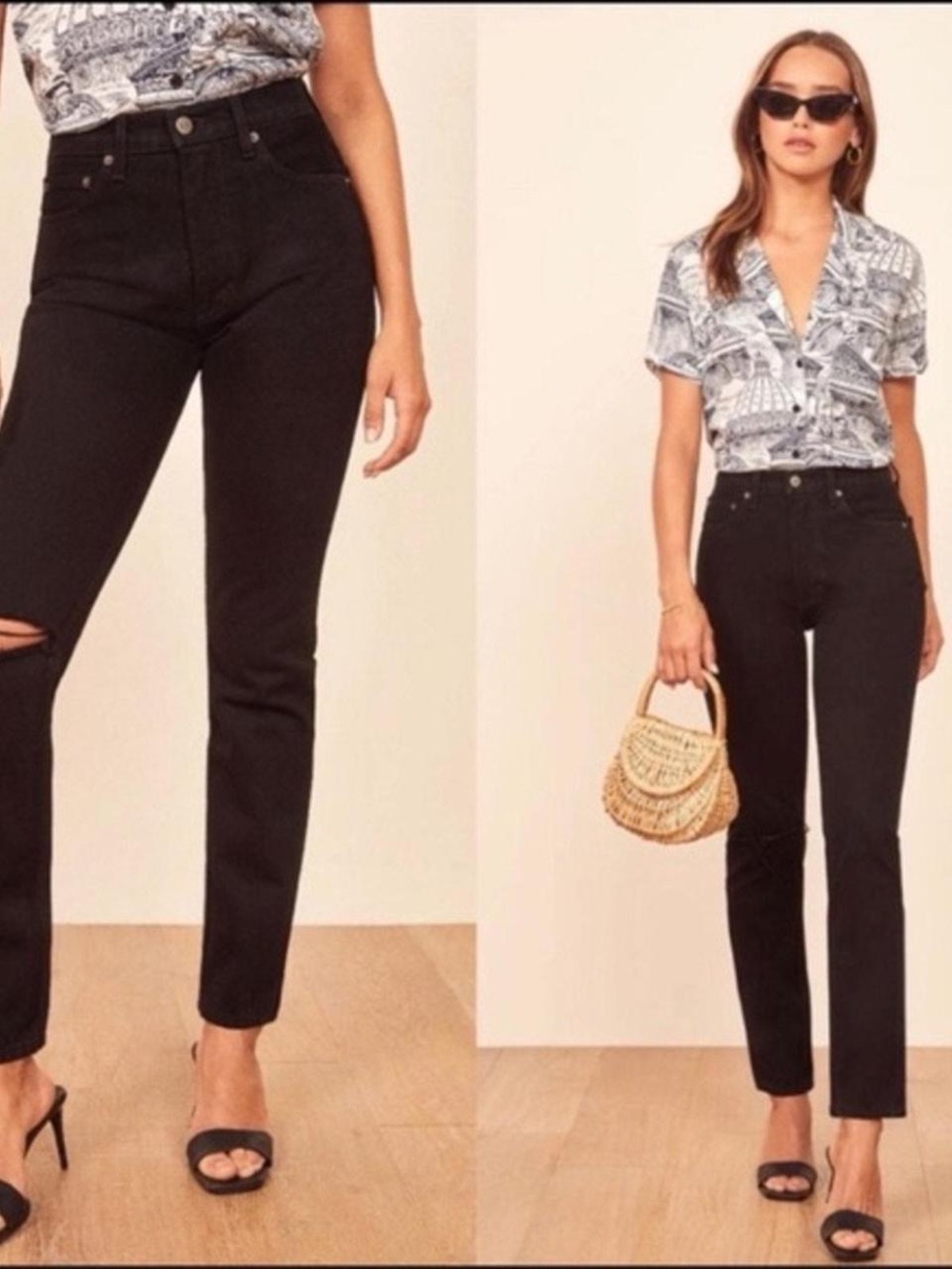 Reformation Black High-Rise Jeans one knee distressing